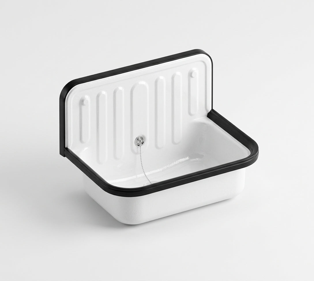 Enameled Steel Bucket Sink - White with Black Rim, Wall-Hung
