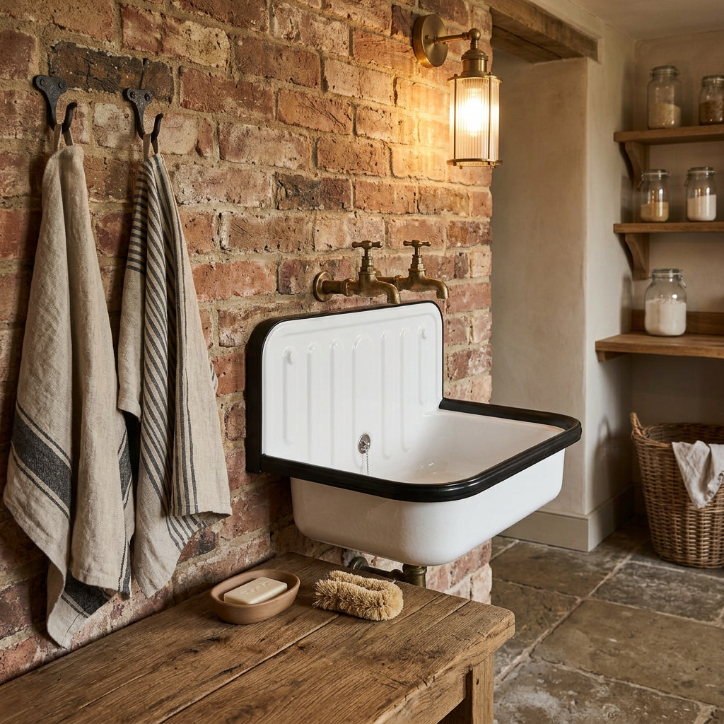Enameled steel bucket sink wall-mounted in a rustic farmhouse utility room