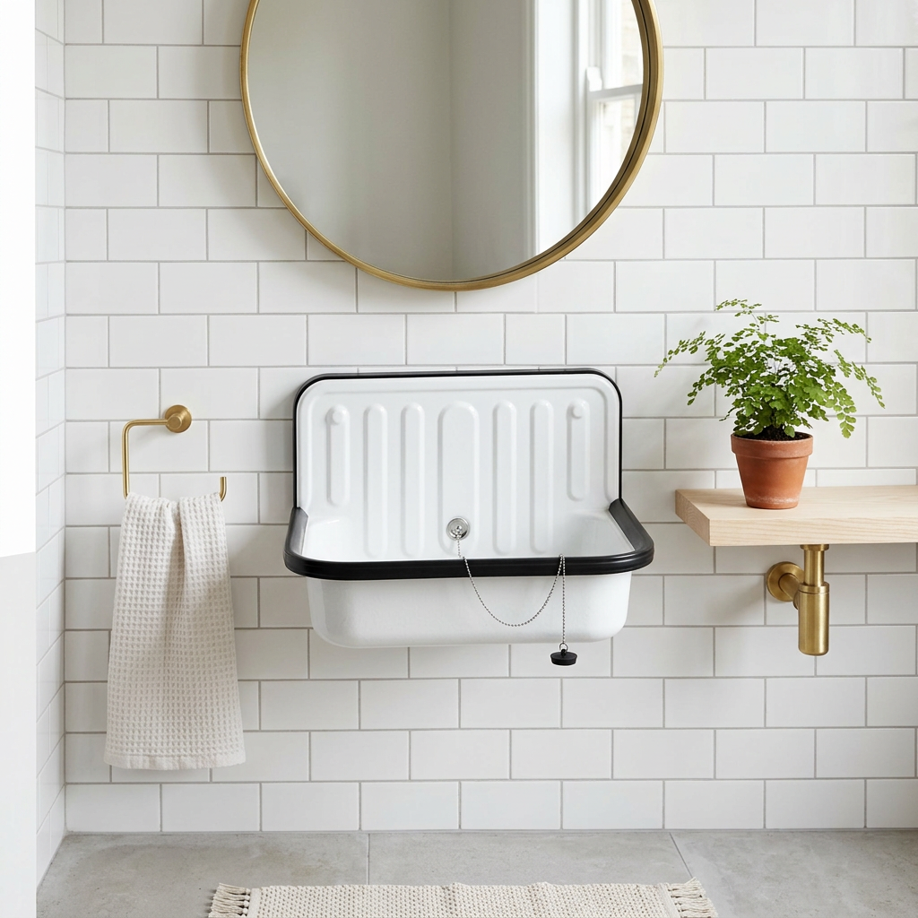 Enameled steel bucket sink wall-mounted in a bright Scandinavian bathroom