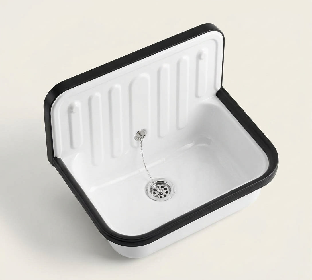 Enameled Steel Bucket Sink - White with Black Rim, Wall-Hung